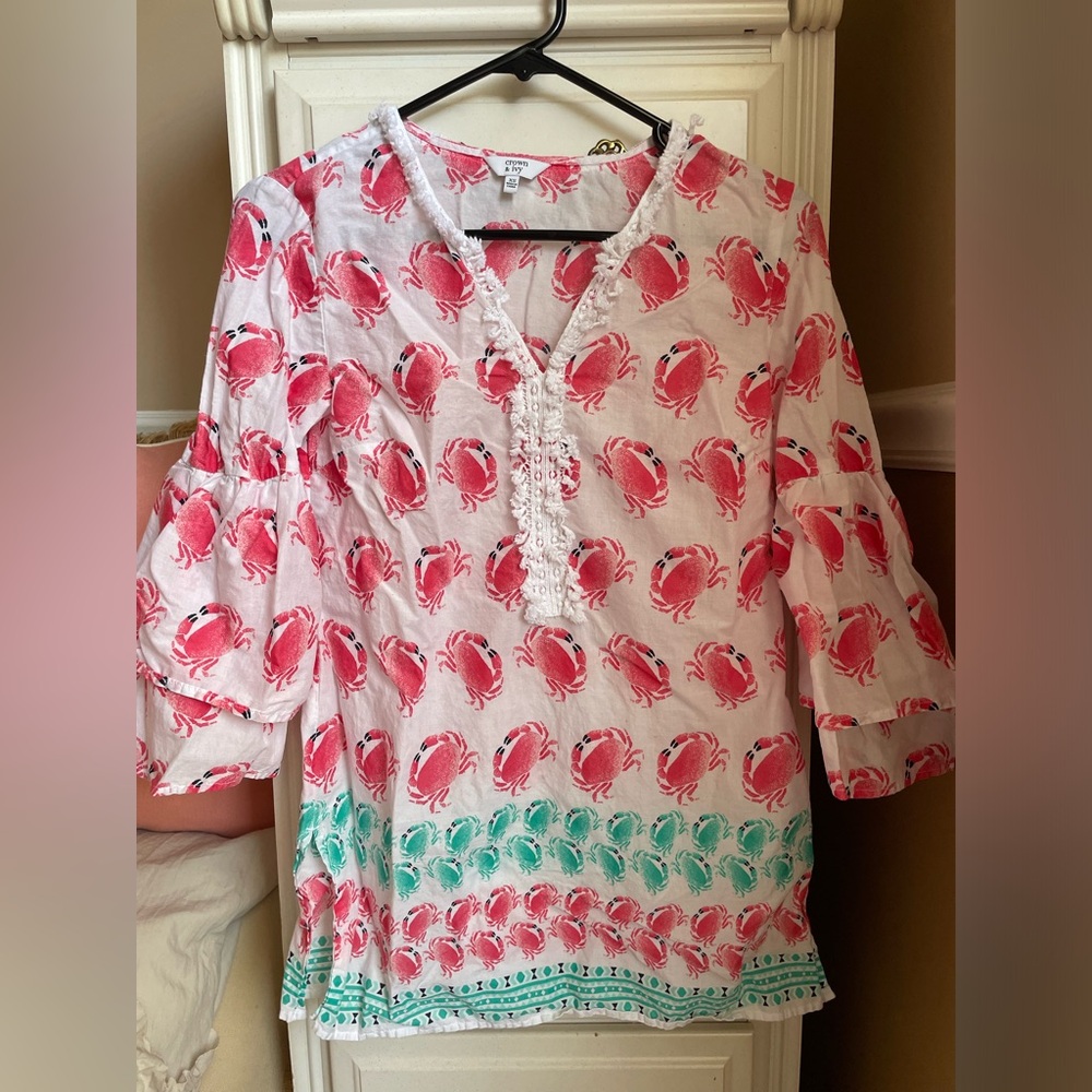 crown & ivy Pink and Teal Crab Print swimsuit coverup / tunic top - Picture 3 of 5